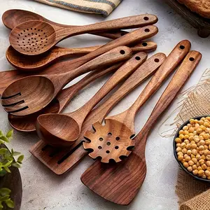 10pcs/set Natural Wood Kitchen Utensil Set, Wooden Spoon Set, Wooden Cooking Tools, with Ergonomic Handles, Heat-Resistant Spoons, Pans and Spatulas, Ideal for Induction Cookers