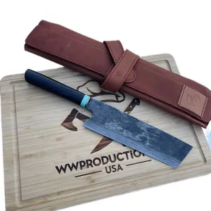 Kitchen Cleaver - High Quality Kitchen Tool with Blue Handle and Brown Leather Case - Scissors