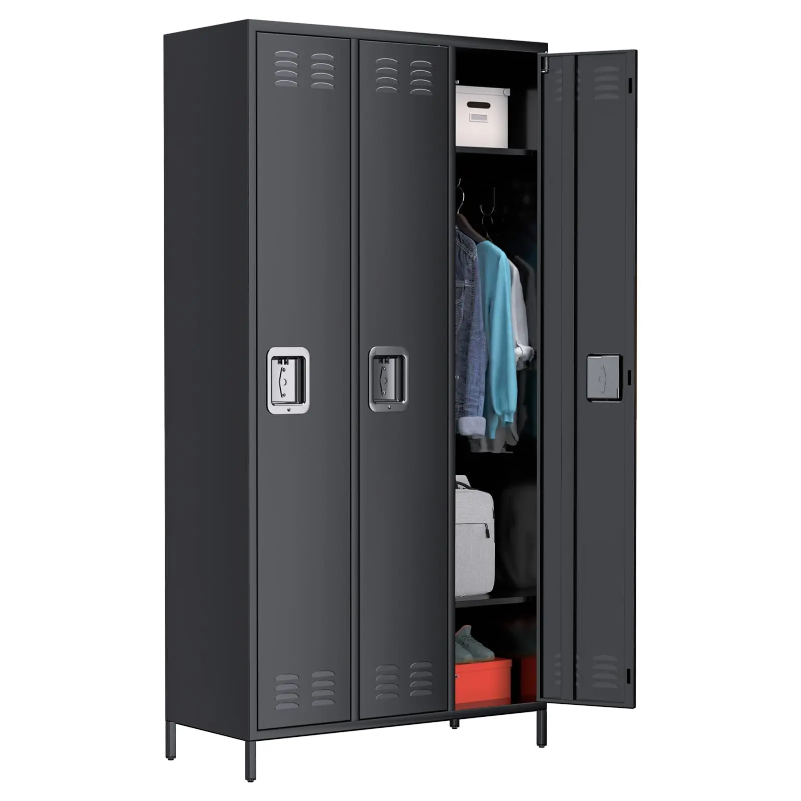 Garvee Metal Storage Locker with 3 Doors, Metal Locker for Employees with 9 Hooks for Garage School Office Gym Home, Assembly Required, Black