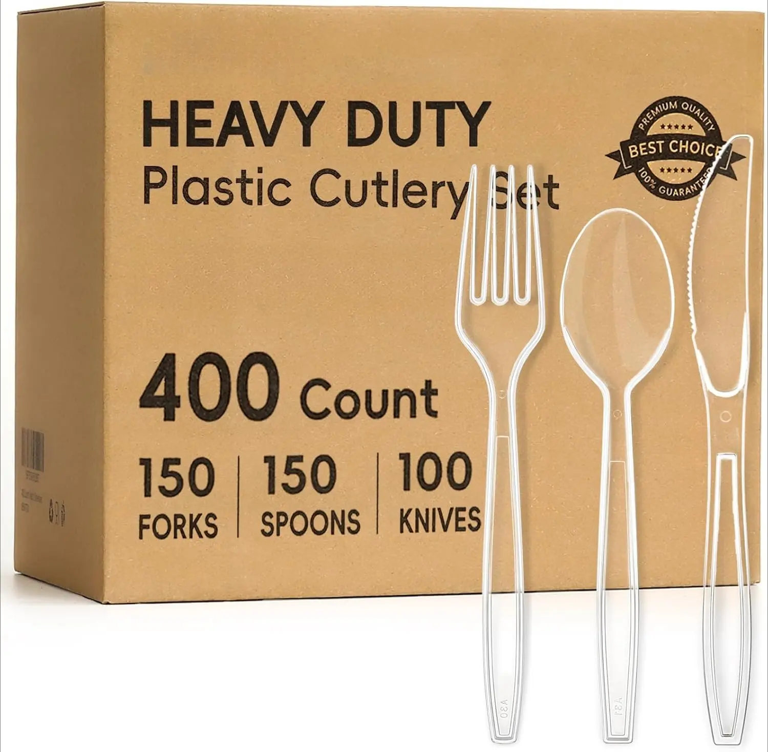 400 Count Heavy Duty Plastic Silverware, BPA-Free, Clear Plastic Cutlery Set, Premium Disposable Utensils for Party Everyday Use, 150 Forks, 150 Spoons and 100 Knives