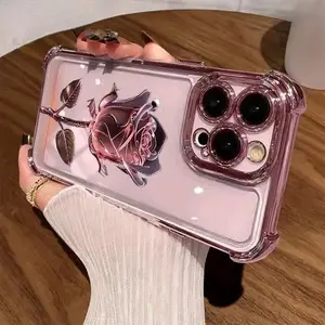 Pink rose electroplated pattern, drop-proof and non-slip TPU phone case, compatible with iPhone 17 Air, 16 Pro Max, 15 Plus, 14, 13, 12, 11 & SamsungGalaxy S25 Ultra S24 S23 FE S22. A unique phone case that can be given as a gift to boys or girls.QXA827