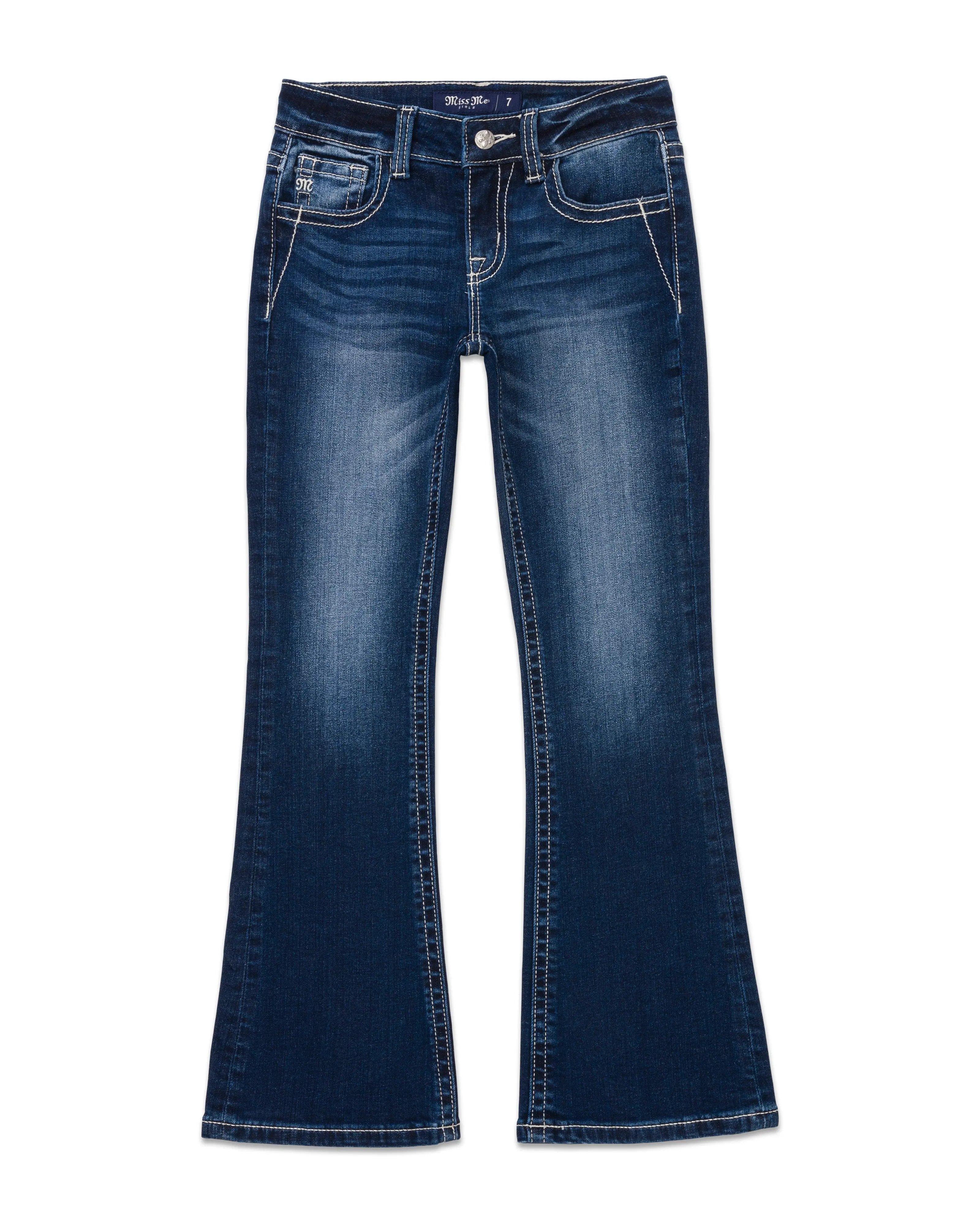 Women's Miss Me Bootcut Flared Mid-Rise Dark Blue Jeans, Metallic Fleur De Lis Stitching, Y2K-Vintage Denim Jeans, Comfortable All-Season Jeans