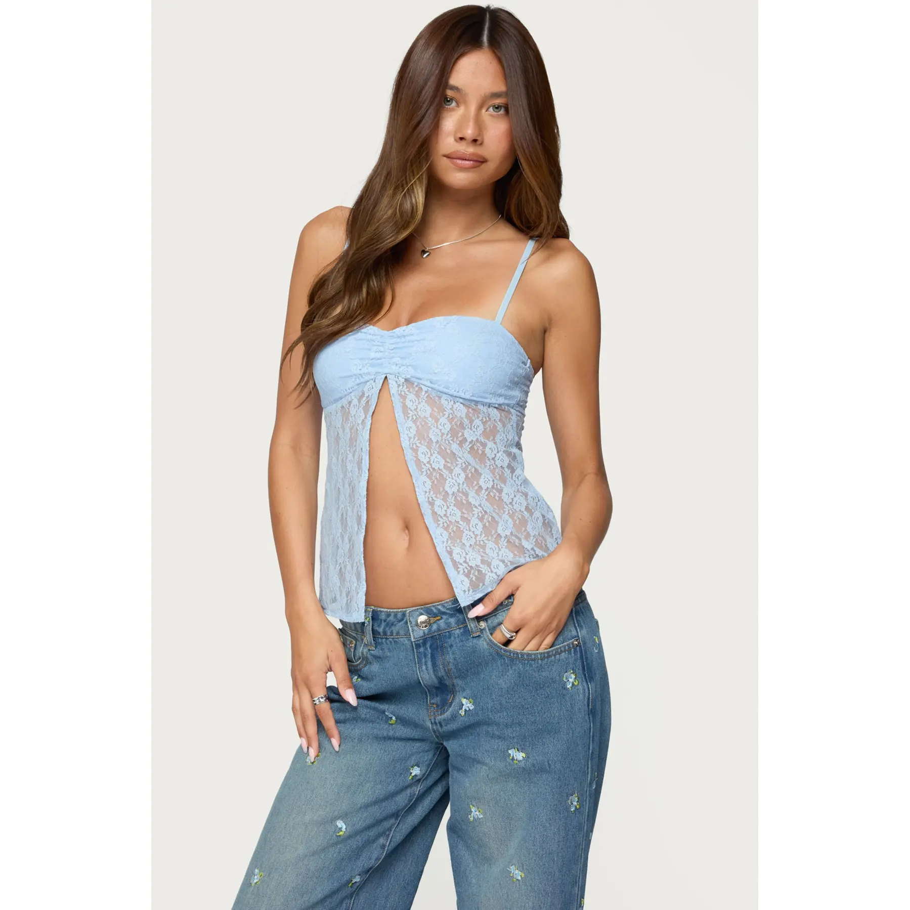 Priya Sheer Lace Split Front Top