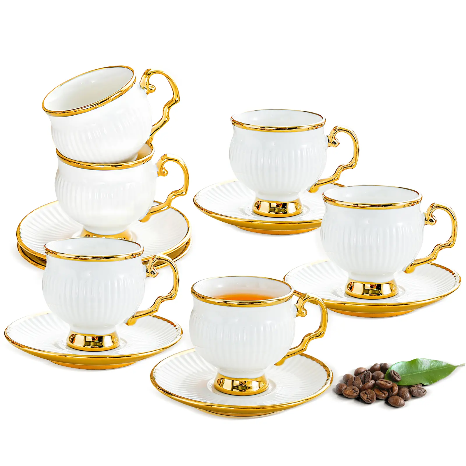 White gold ceramic coffee mug and tray set, 12-piece set of 3.5 oz small coffee cups, coffee mug sets, teacup and sets, adult tea set sets, tea party sets suitable for cappuccino, latte, mocha