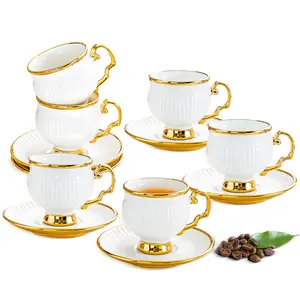 White gold ceramic coffee mug and tray set, 12-piece set of 3.5 oz small coffee cups, coffee mug sets, teacup and sets, adult tea set sets, tea party sets suitable for cappuccino, latte, mocha