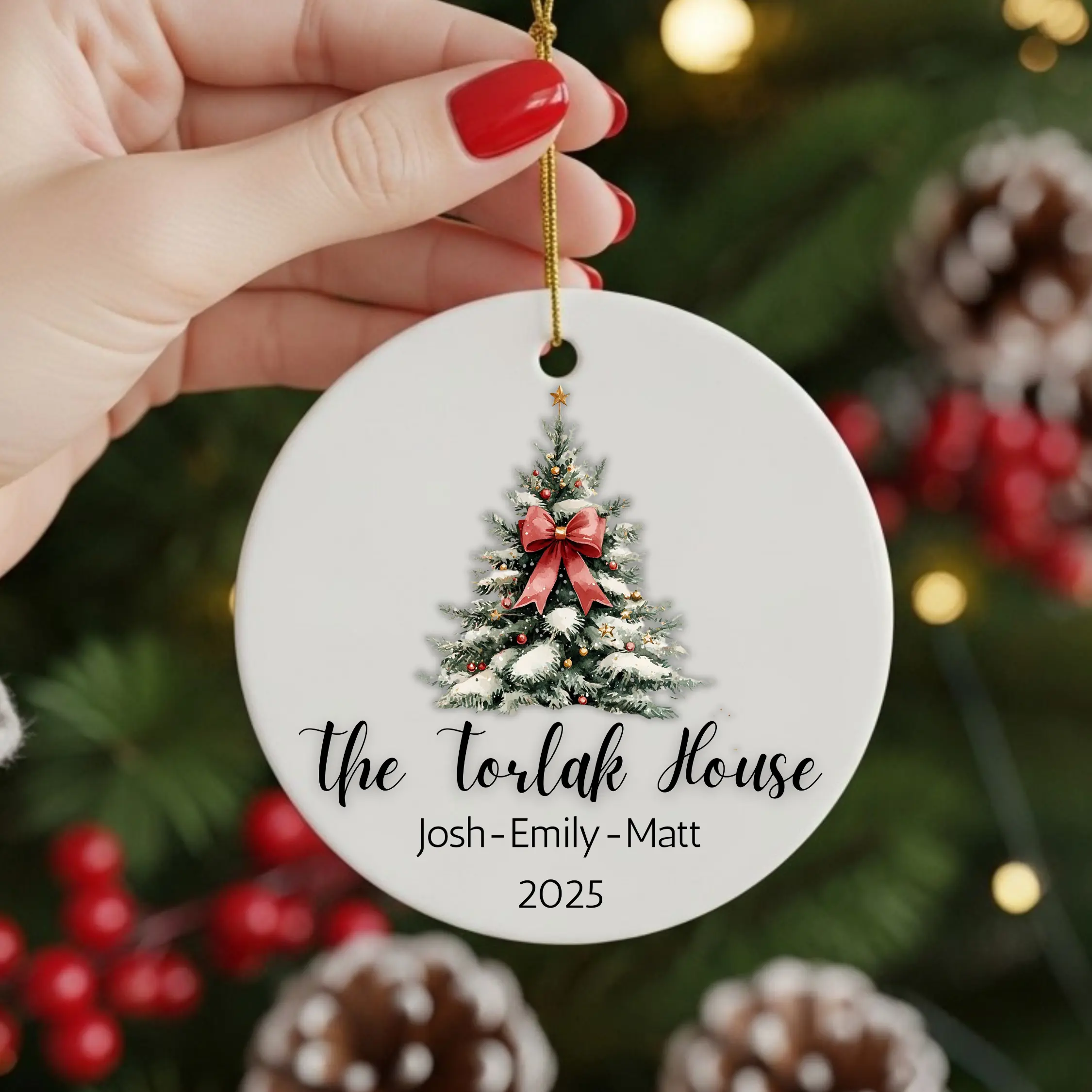 The Torlak House Personalized Family Gift Name Christmas Decor 1 Side Ornament 2025 Custom Names Year Ceramic Decoration for Unique Christmas Decor Josh Emily Matt 2025