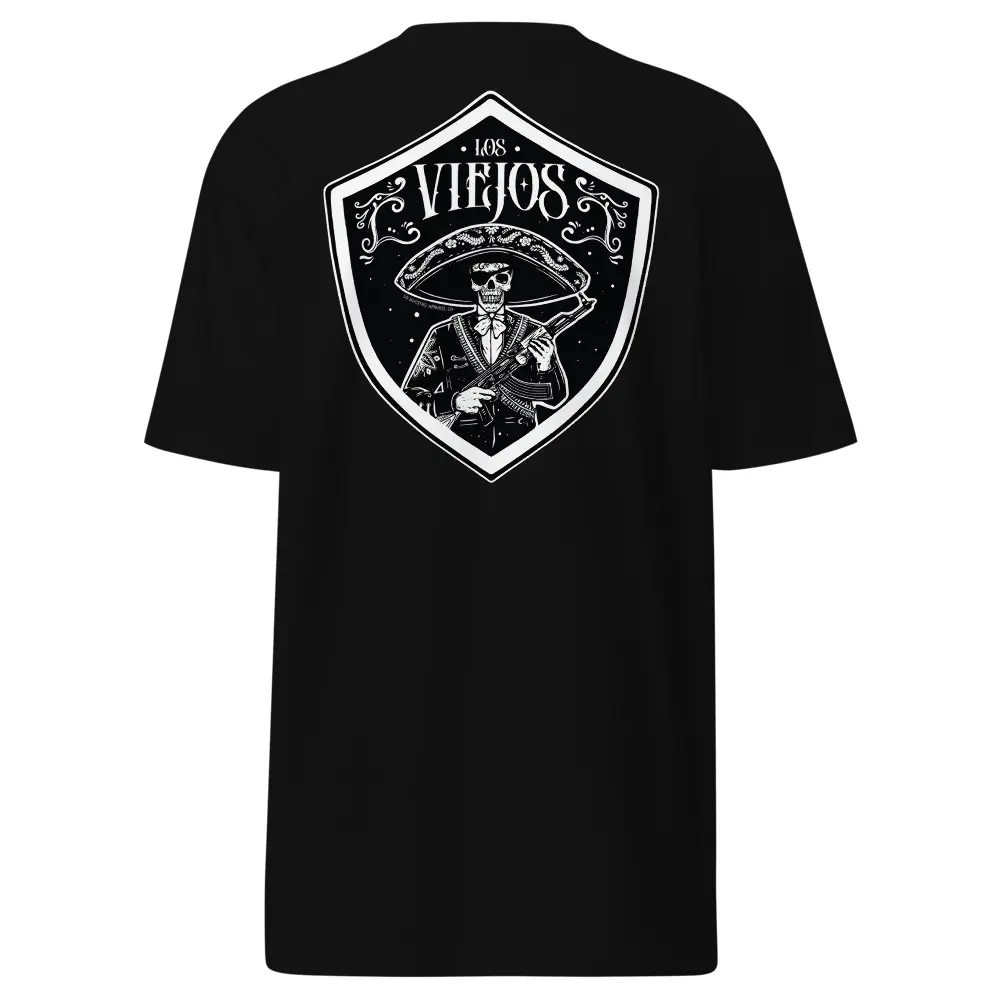 Los Viejos Premium Tee, Charro Skull Cotton Shirt, Mexican Biker Shirt, Gifts For Men, Chicano Tee, Cholo Style Tshirt, AK47 Skull, Lowrider Menswear Soft T-Shirt Top Day Graphic Love School Stripes Underwear Shortsleeve Streetwear Crewneck