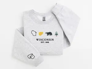 Wisconsin Embroidered Sweatshirt, Wisconsin Icons Crewneck, Embroidered Wisconsin State, Wisconsin Gift, Wisconsin Hoodie, Wisconsin Symbols
