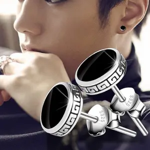Men's 8mm 925 Sterling Silver Black Stud Earrings – Greek Key Meander Design
