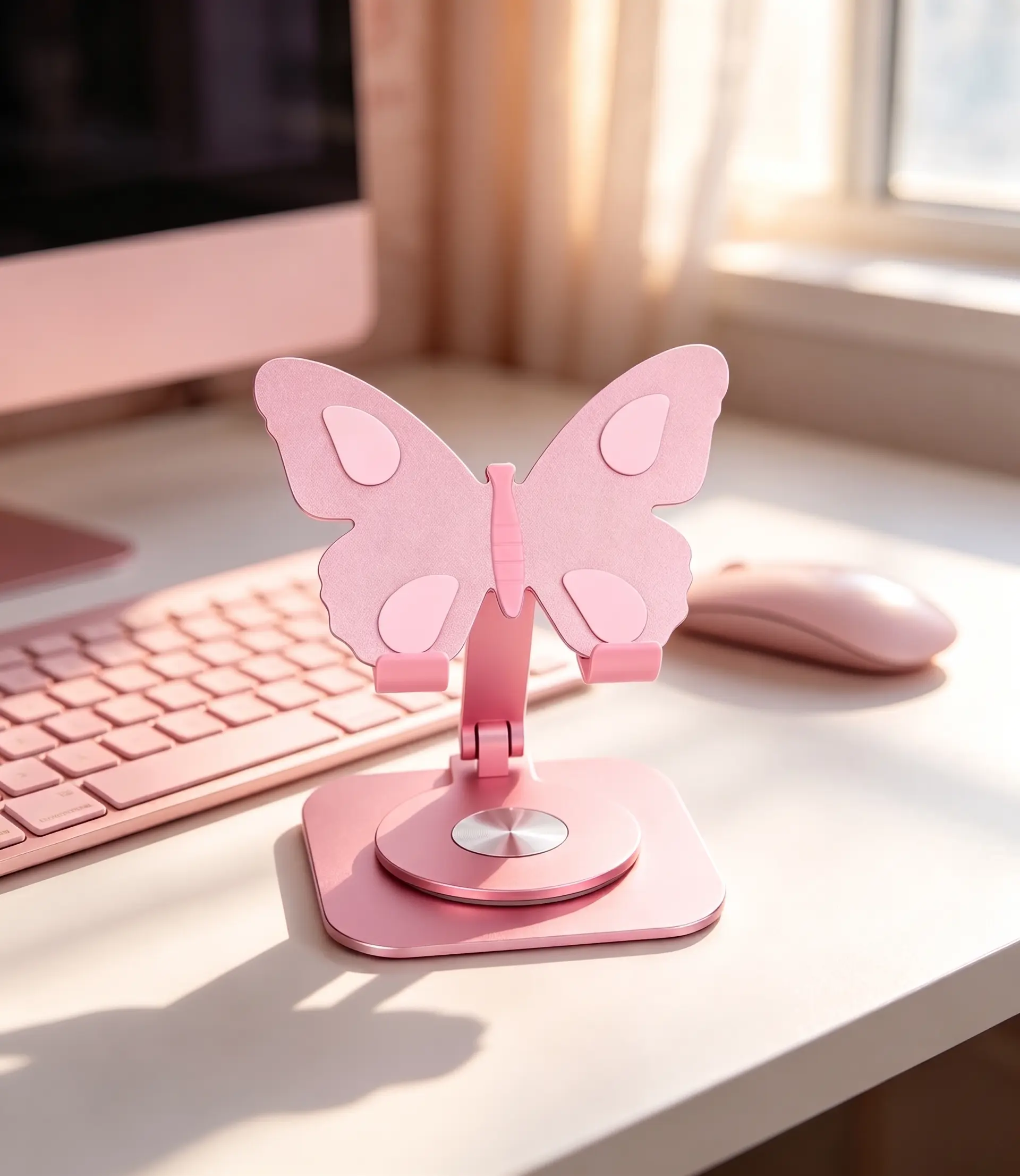 Pink Butterfly Design Aluminium Alloy Smartphone Stand, 360° Swivel, Height & Angle Adjustable, Foldable Anti-Slip Dock, Compact Universal Home Improvement & Office Accessories, Room Accessories