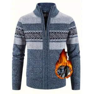 [Fleece-Lined Knit Sweater for Hiking] Men's Fleece-Lined Knit Sweater with Ethnic Wave Pattern - Perfect for Outdoor Hiking & Cycling, Zip Pocket Detail, Ideal Father's Day Gift