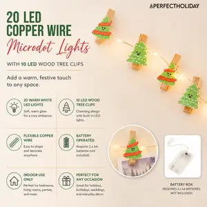 Perfect Holiday Microdot Fairy Lights Decorative Ambient Lighting Battery Operated 20 LED Copper Wire with 10 LED Wood Tree Clips