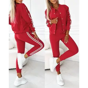 Women 3 Piece Outfits Striped Tape Patch Tank Top Button Front Jacket Cuffed Pants with Pockets Tracksuit Comfort Womenswear