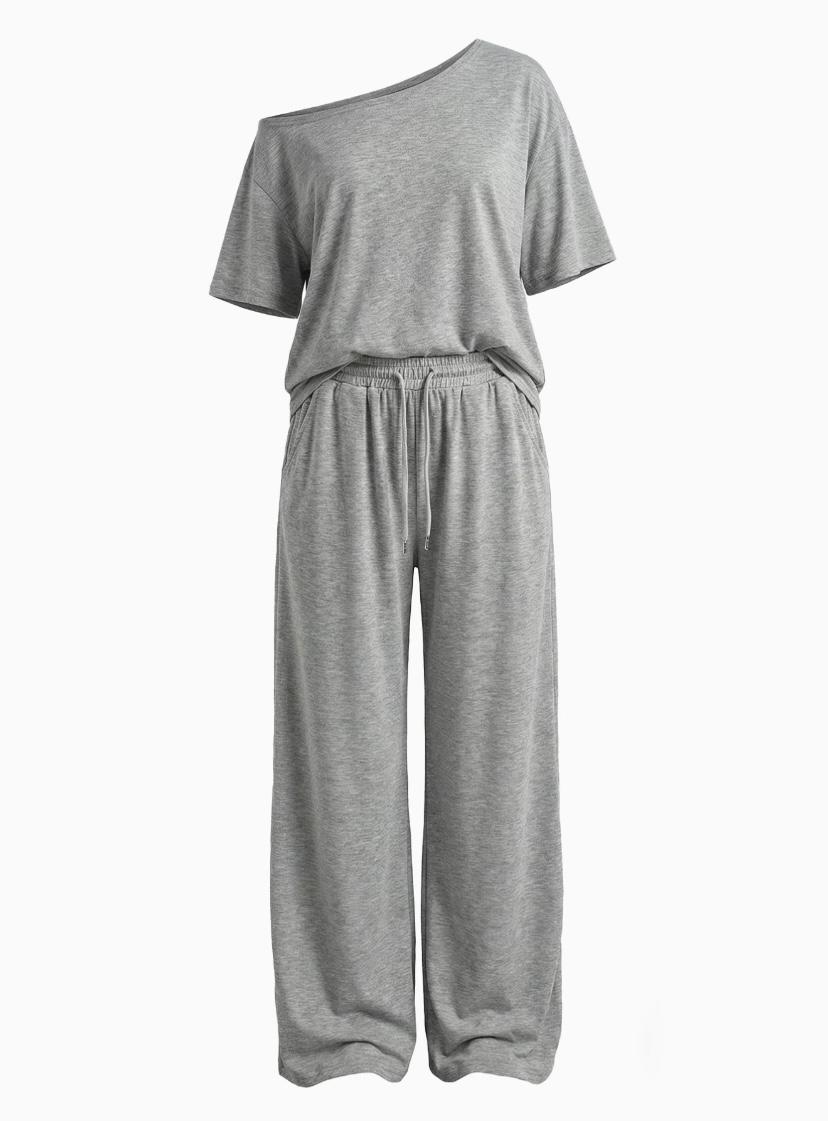 2pcs/Set Women's Minimalist Basic Daily Wear Everyday Going Out Sport Comfortable Off Shoulder T-Shirt And Wide Leg Pants Two Pieces Outfits