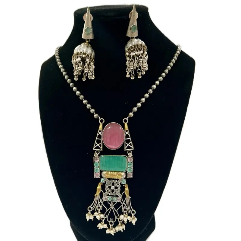 Oxidized Semi Long Necklace and Earrings with Elegant Design, Stone Centerpiece, Decorative Elements, (No Refund or Exchange)