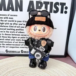 Labubu 6-in-1 Outfit Set – Leather Jacket, Denim Jeans, Shoes, Hat, Glasses & Mini Camera for Doll Dress Up (Only Clothes No Doll)