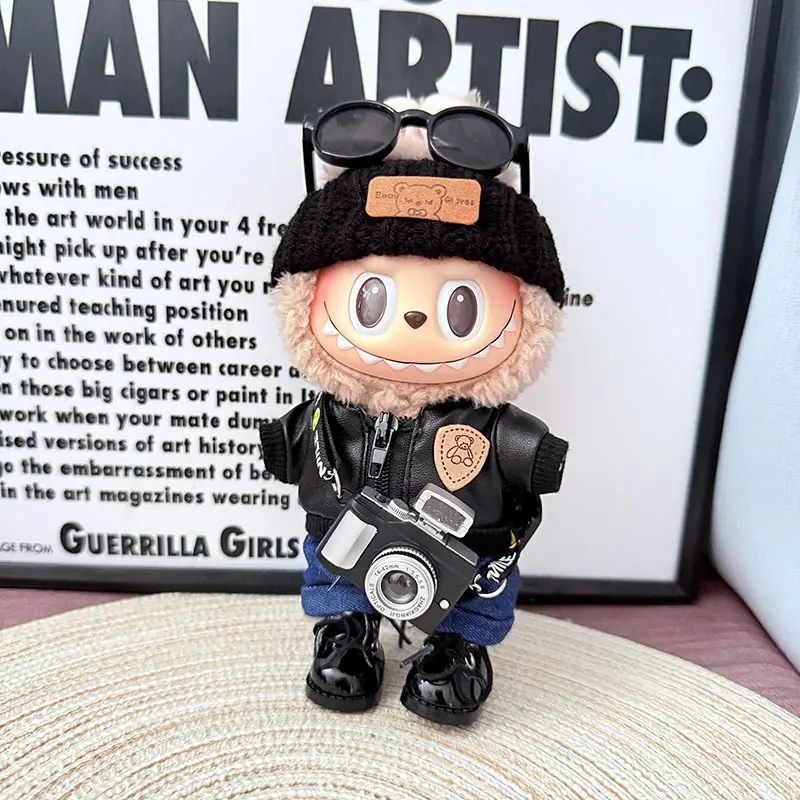 Labubu 6-in-1 Outfit Set – Leather Jacket, Denim Jeans, Shoes, Hat, Glasses & Mini Camera for Doll Dress Up (Only Clothes No Doll)