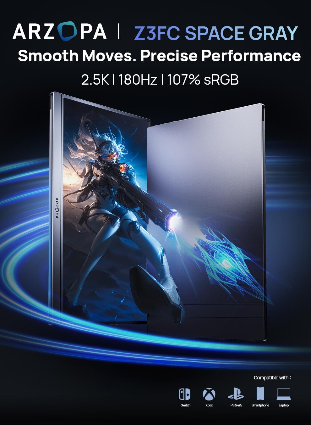 ARZOPA 16.1" 2.5K 180Hz Portable Gaming Monitor 107% sRGB 2560x1440 QHD 1080P Ultra Slim External Second Screen for Laptop PC PS5 Mac Xbox with Built-in KickStand & Dual Speakers