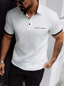 Men's Colorblock Collar Polo Shirt, Textured Knit Short Sleeve, Geometric Pattern Print, Casual Fashion, Daily Wear, Printed Polo Shirts