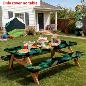 3-Piece Elastic Outdoor Tablecloth Set with Bench Covers, Leaf Print, Durable Design, Easy Installation and Maintenance