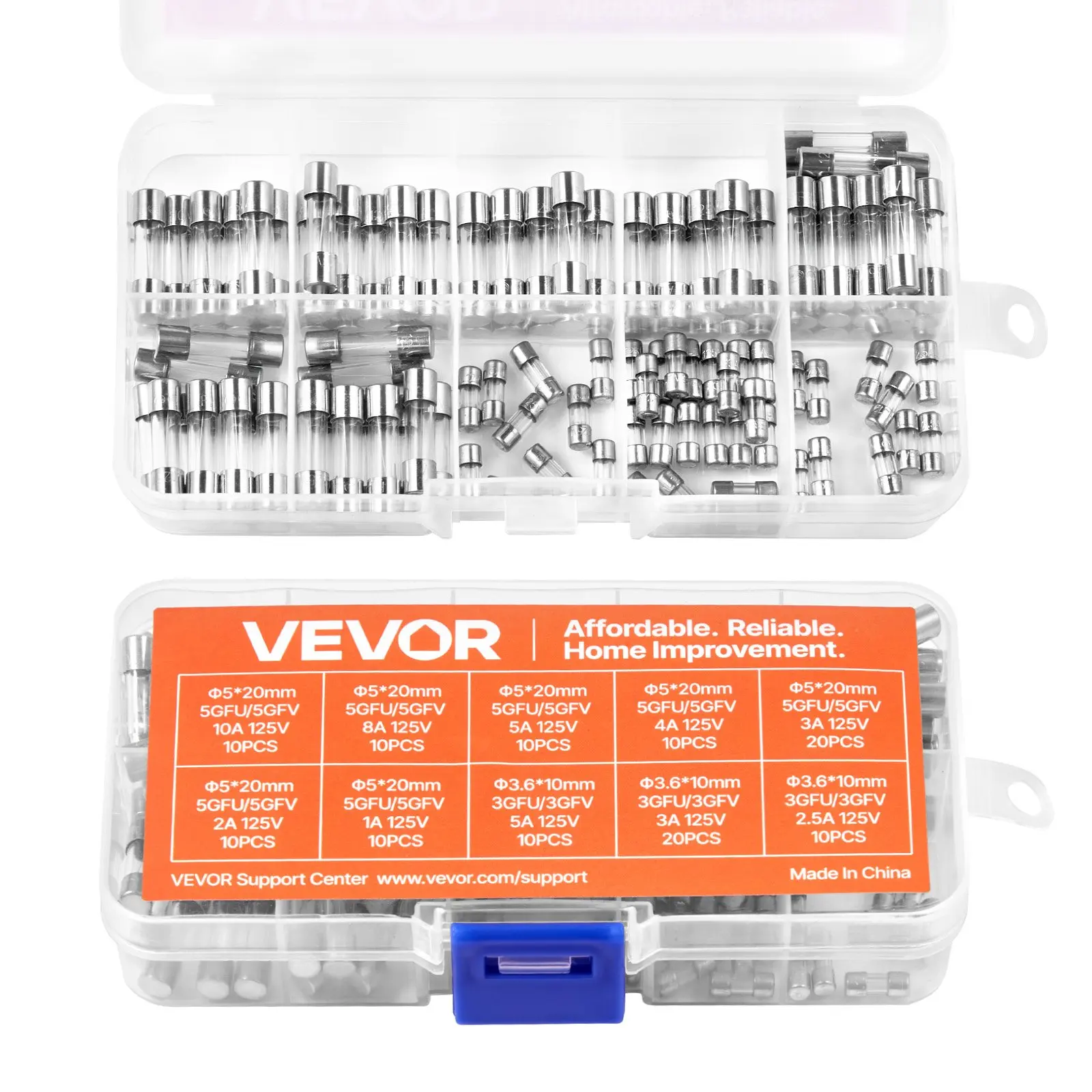 【DealsForYouDays】VEVOR Fast-Blow Glass Fuses Assortment Kit, 120 Pcs 125 Volt, 5 x 20 mm 1A 2A 3A 4A 5A 8A 10A, 3.6 x 10 mm 2.5A 3A 5A Tube Fuses, Suitable for Electrical Boxes, LED Strips, Electronics, Appliances Home Durable Reliable Connectors