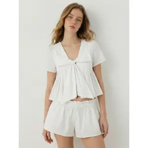 Cider Cotton V-neck Bowknot Puff Sleeve Crop Blouse