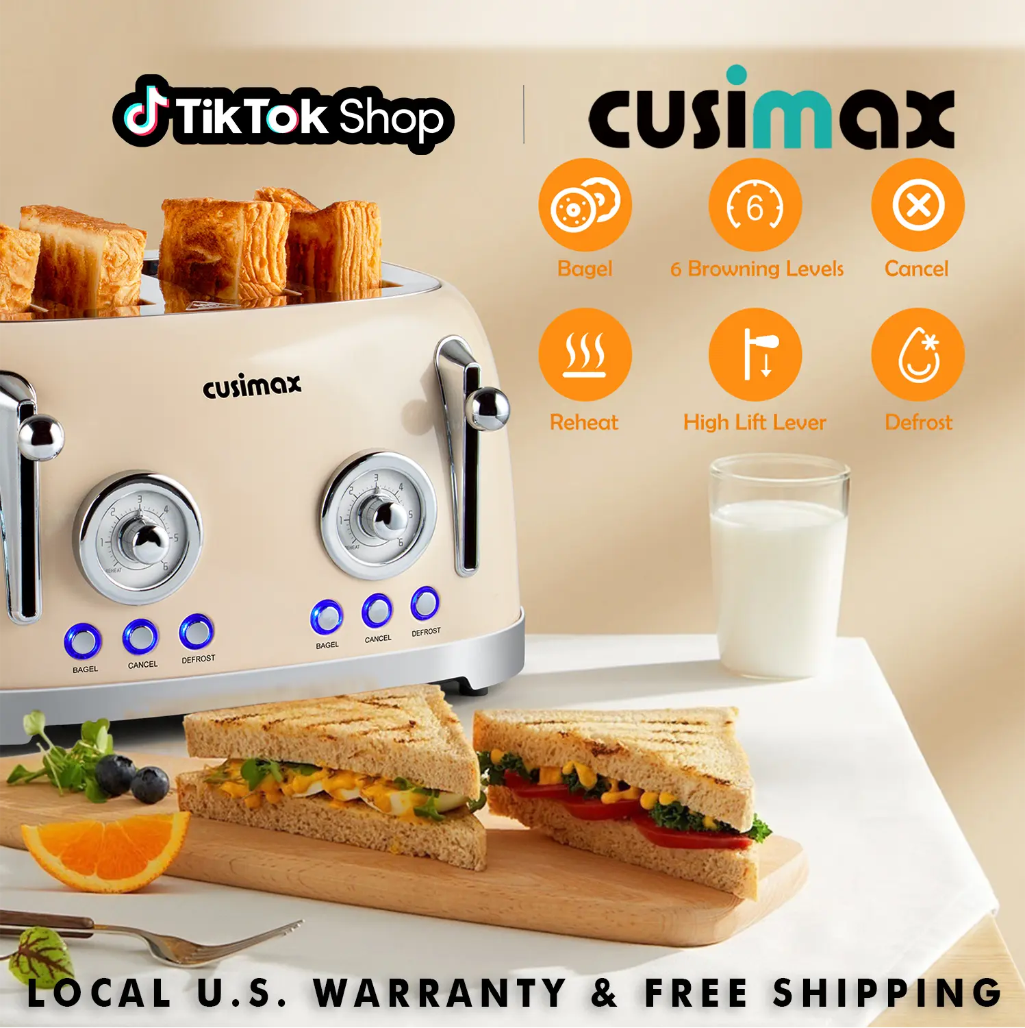 CUSIMAX 4-Slice Stainless Steel Toastie Machine with US Plug, 4-Slice Slots, Extra Wide Slots, 6 Browning Levels, Adjustable Defrost/Bagel/Cancel Functions, 1500W, Auto Shut-Off, Removable Crumb Tray, Touch Screen (for Bagels & Waffles), SummerFinds