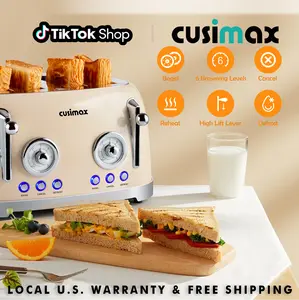 CUSIMAX 4-Slice Stainless Steel Toaster with US Plug, Extra Wide Slots for Bagels & Waffles, 6 Browning Levels, Defrost/Bagel/Cancel Functions, Auto Shut-Off, Removable Crumb Tray, Touch Screen Toastie Machine, Us Plug Toasters