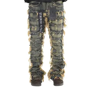 Dark Blue Vintage Tint Wash Stacked Flare Jeans Double Layer Frayed Street Style Denim with Distressed Look