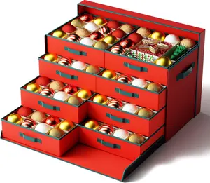 Christmas Ornament Storage Box, Extra Large Container Holds 128 Ornaments, with Lid Adjustable Dividers and Individual Trays for Holiday Decorations, Red