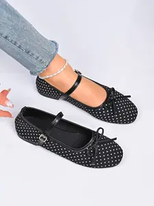 Women's Plus Size Ballet Flats, Textile Flats, Breathable Flats, Polka Dot Decor & Square Toe Design, Casual Comfort Slip-On Loafers, Versatile Spring Fall Fashion, Walking Shoes Footwear