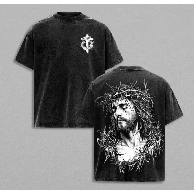 Tears of Blood – Christ’s Love in Pain - Jesus Crown of Thorns Tee Washed God Apparel Tee, Easter T-Shirt, Jesus T-Shirt, Easter Streetwear, Christian Apparel Graphic Tees, Gym Pump Cover Church Outfit