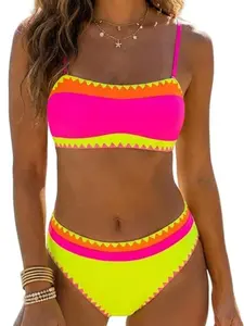 SwimWeek Women's Bandeau Bikini Strapless Bikini Neon Color Block Two Piece Whip Stitch Trim Bathing Suits