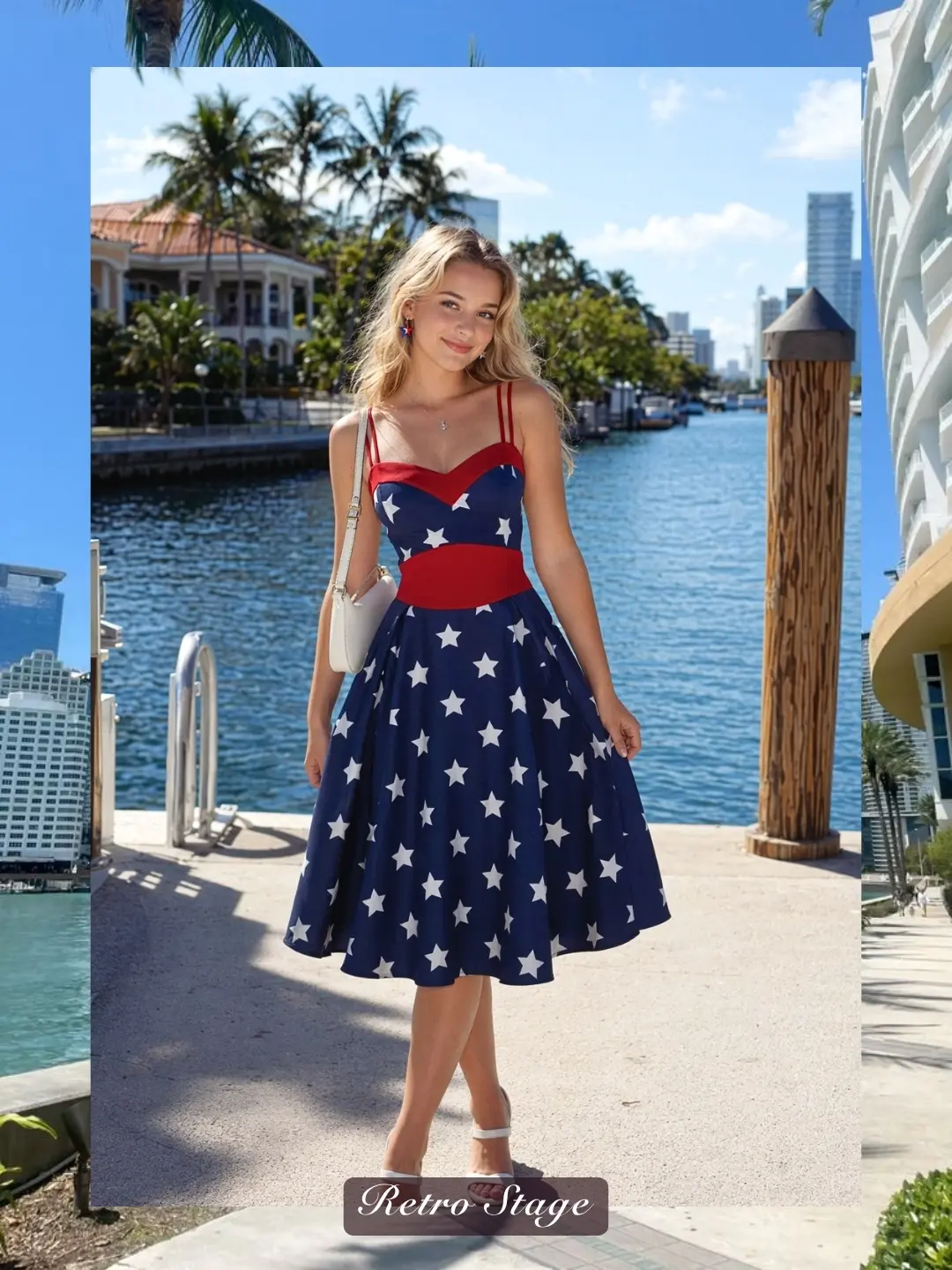 RETRO STAGE Women's 1950s Navy Blue Stars Spaghetti Strap Sleeveless Casual Dress, Summer Casual Wear, Casual Dresses4th of july outfits