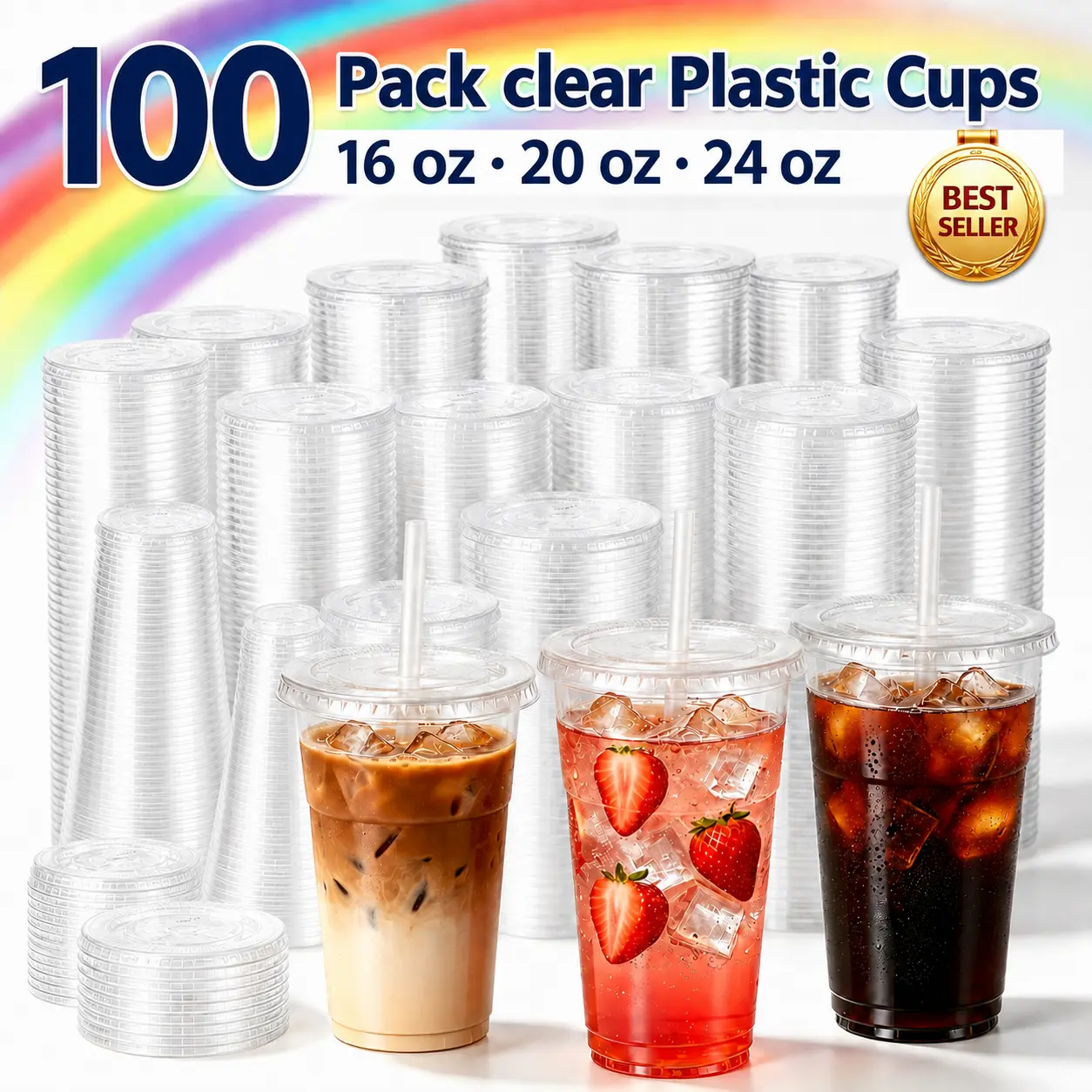 100-50Pack Disposable Transparent BPA-Free Plastic Iced Coffee Drink Cups, Multi-Size 16oz-20oz-24oz Sturdy Cups with Includes Lid&Straw, for Parties, Camping (Home & Festive Supplies), Summer Wins, Beach Essentials #TikTokShopSummerSale