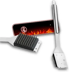 Stainless Steel Grill Brush & BBQ Grates Cleaning Scraper, Griddle Scrap Remover Tool, Safe Outdoor Barbeque Brusher with Metal Handle & Hanging Bracket for Grilling Enthusiasts (16.5")