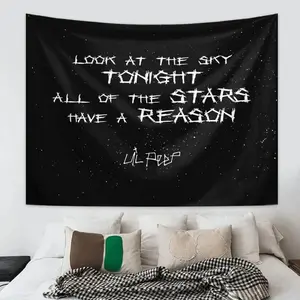 A 2D flat tapestry, looking up at the sky and observing the twinkling stars, with text decorations on the tapestry. It is very suitable for decorating a bedroom or a university dormitory.