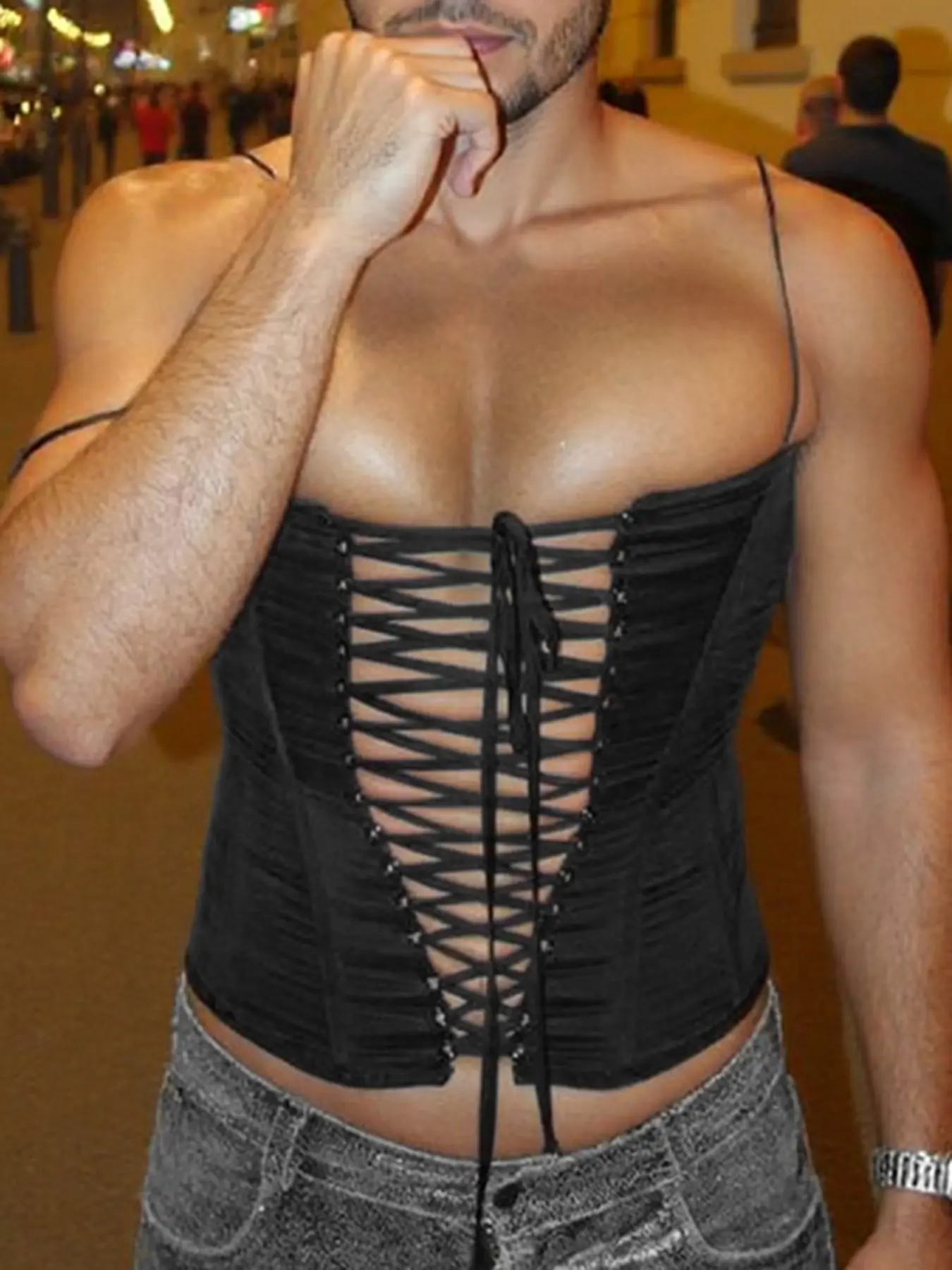 INCERUN Men's Fashion Tight-Fitting Sexy Tank Top, Plain Solid Color Sleeveless Drawstring Vest, Suitable for Daily Wear
