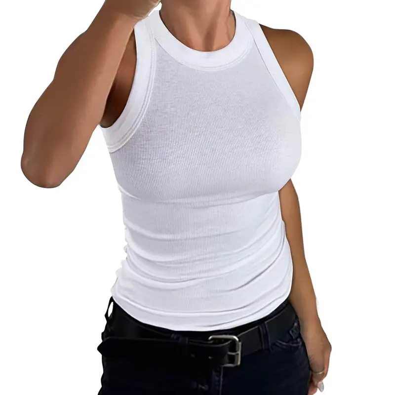 Women's White Ribbed Summer Tank Top Slim Fitted Crewneck Sleeveless Basic Cami Blouse Comfy Daily Wear