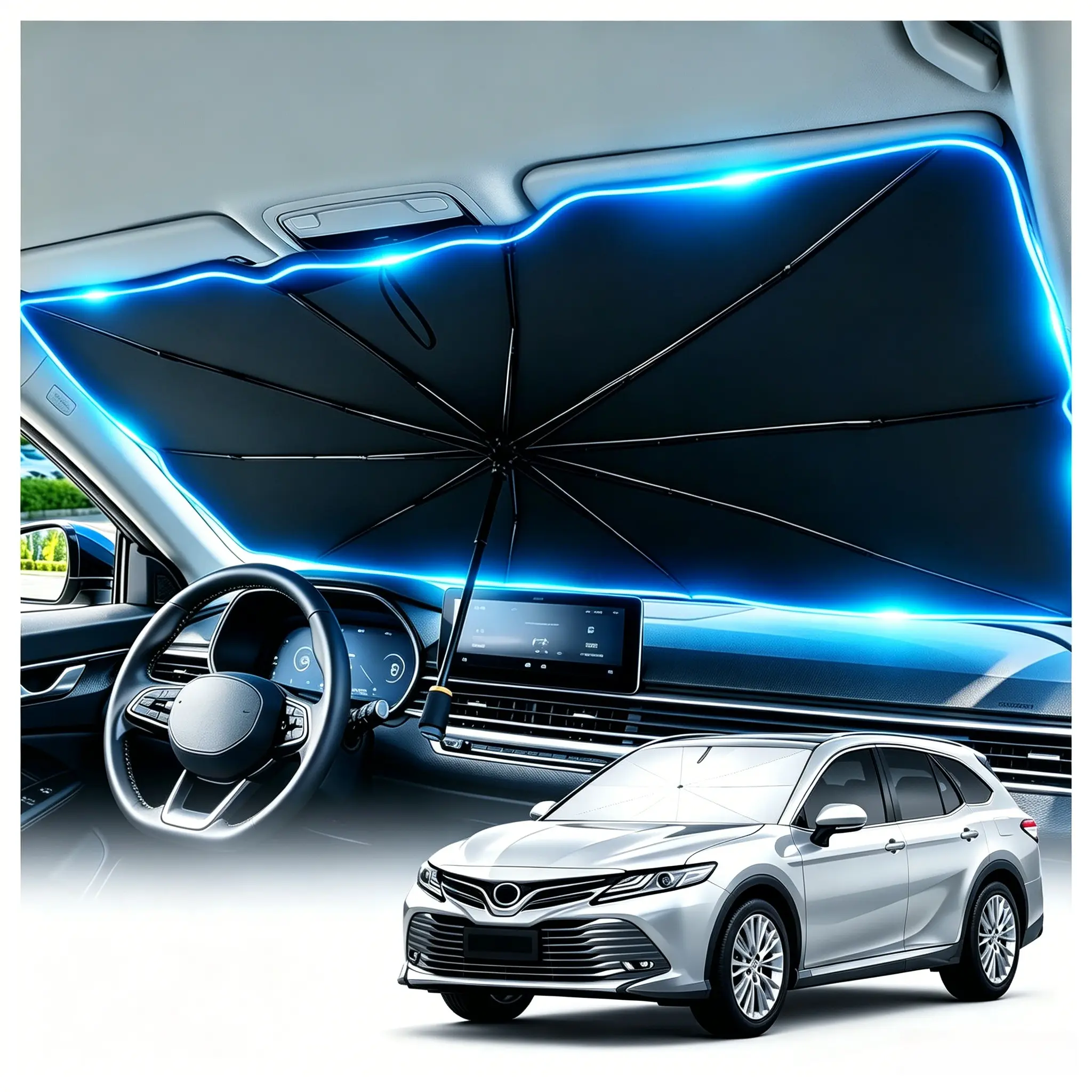Foldable Car Windshield Sun Shade Umbrella Cover, Titanium Silver UV-Protection Heat-Insulation Sun Visor, Portable Front Auto Window Shade with Storage Bag