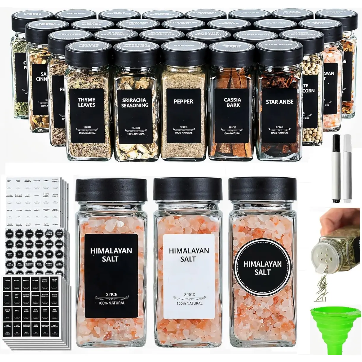 24Pcs Spice Jars Containers with Labels，4oz Black Seasoning Bottles with Shaker Lids for Rack, Cabinet, Drawer,Empty Square Condiment Pots (24, Black)