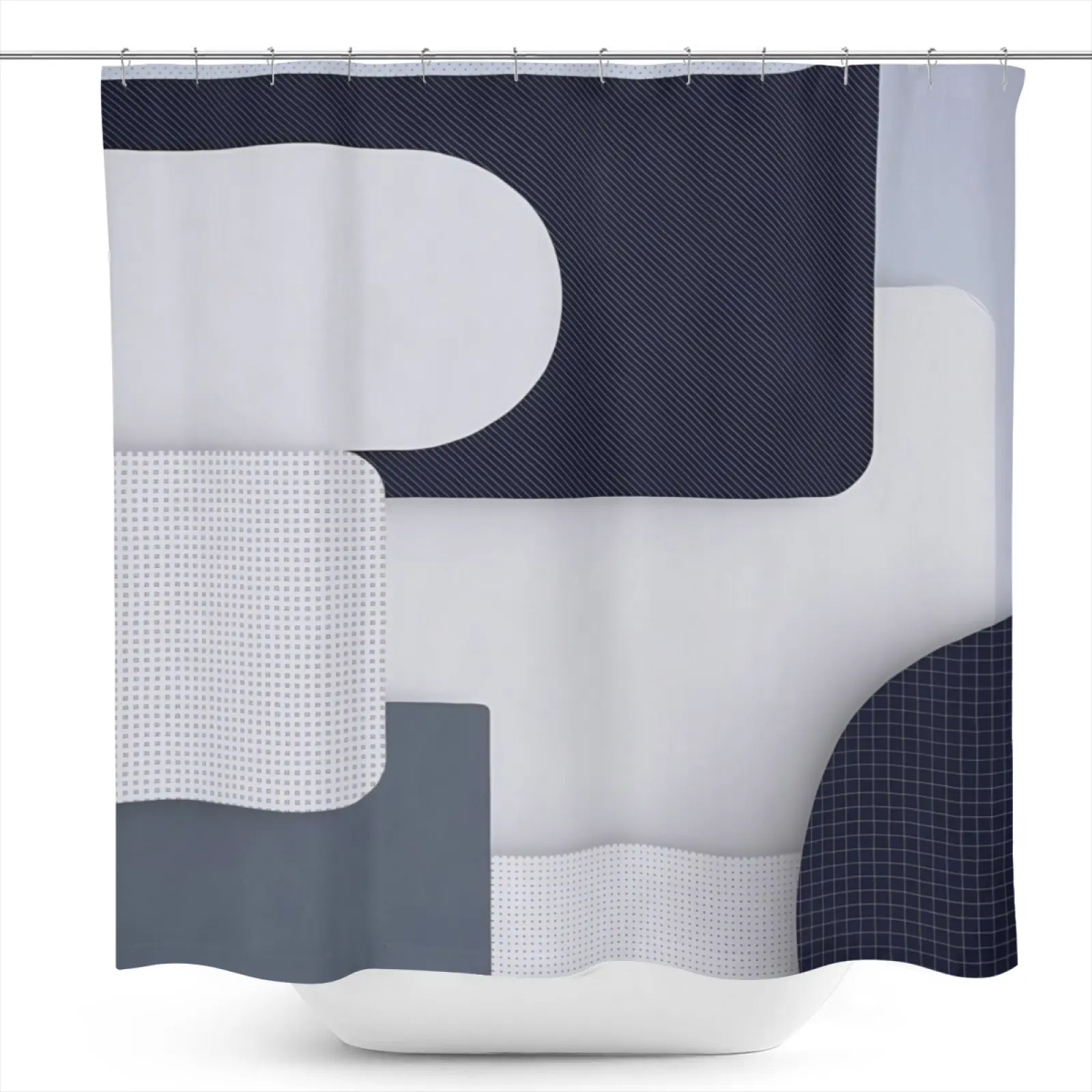 1-Piece Navy Gray Geometric Block Abstract Pattern Shower Curtain, 71x71 in Waterproof Polyester Fibre, Resistant & Washable, with 12 Hooks, Modern Art Style, Bathroom Supplies Decoration for All Seasons, Bathroom Decor