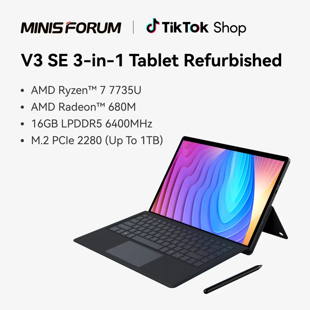 MINISFORUM V3 SE Refurbished 3-in-1 Touchscreen Tablet PC (V3 Series), AMD Ryzen 7 7735U (8C/16T), AMD Radeon 680M, 16GB LPDDR5 6400MHz, Up to 1TB M.2 PCIe 2280, WIFI 6E (802.11ax), BT5.3, Back to School