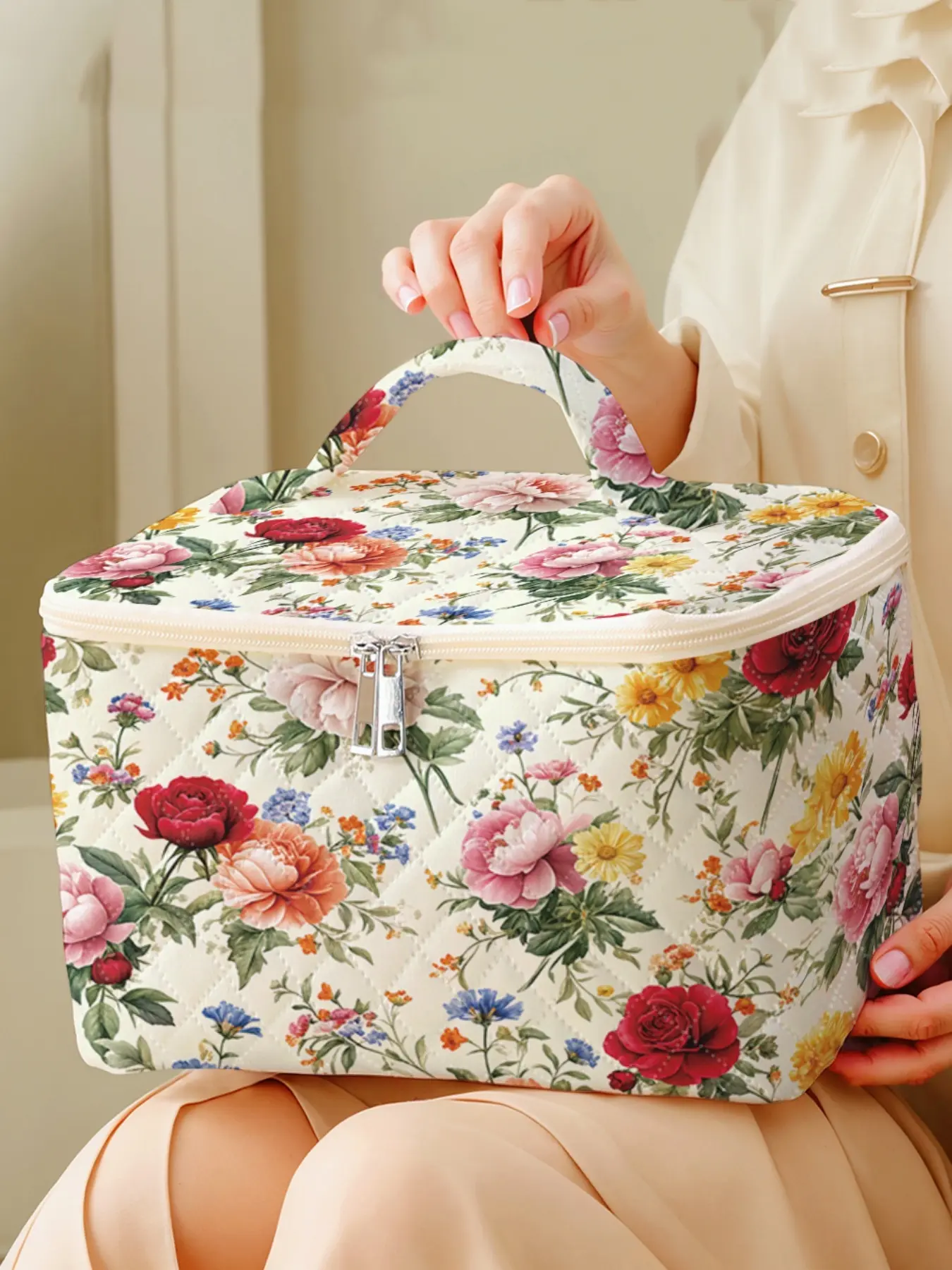 1 piece of portable travel cosmetic bag, Cosmetic Travel Bags, Cosmetic Pouch, brush and accessory organizer with 2D printed colorful floral pattern, large capacity travel toiletry storage bag, makeup bag, Cosmetics Organizer