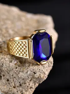Business Style Men's Blue Ring, 316L Stainless Steel, 18K Gold Plated, Inlaid with Rectangle Agate