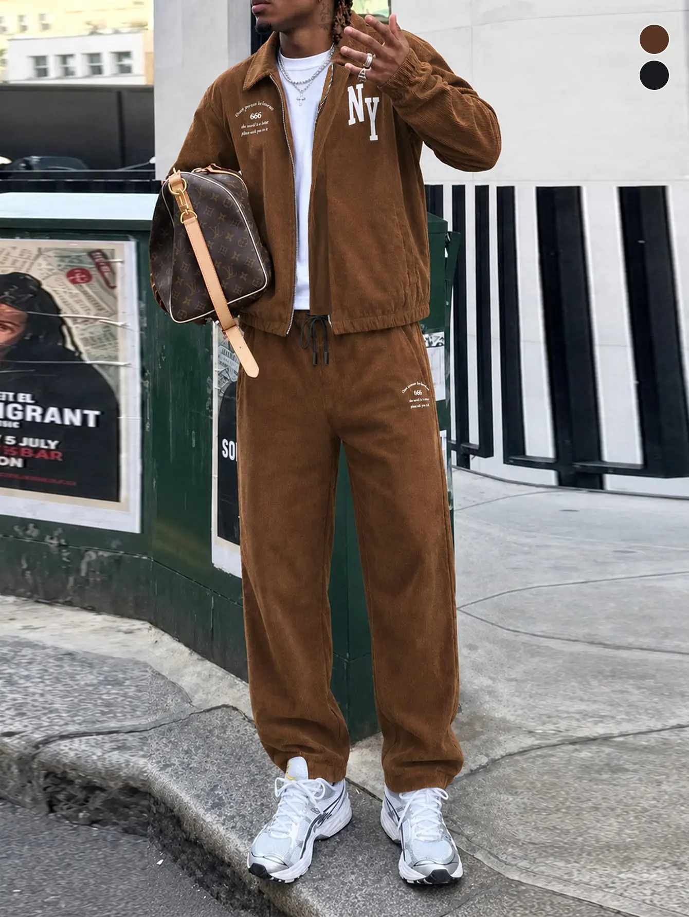 Men’s Brown Corduroy 2-Piece Oversize Menswear Clothes Set - Long Sleeve Zip Jacket with Turn-Down Collar, Tapered Long Pants - Suitable for Everyday Outings, Streetwear (Mens Clothing Pants & Top Sets)