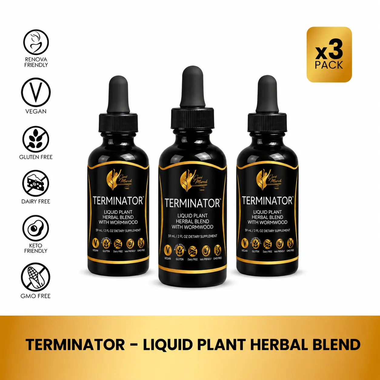 3 Bottles of Cocó March N.M.D Terminator Liquid Plant Herbal Blend, Digestive Health Supporting Dietary Supplement for Adults - 59 Servings per Bottle