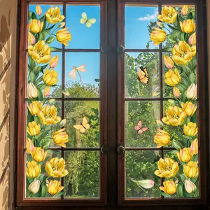 Tulip & Butterfly Pattern Flower Design Window Sticker, 1 Sheet Double Sided Visual Glass Window Decal, Decorative Floral Sticker for Home Living Room Bedroom