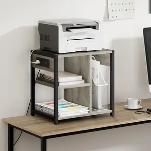【GARVEE】Printer Stand with Charging Station + Home Office Desktop + 3 Tier Heavy Duty + MDF Board + Rolling Casters + Rustic Grey + Small Space