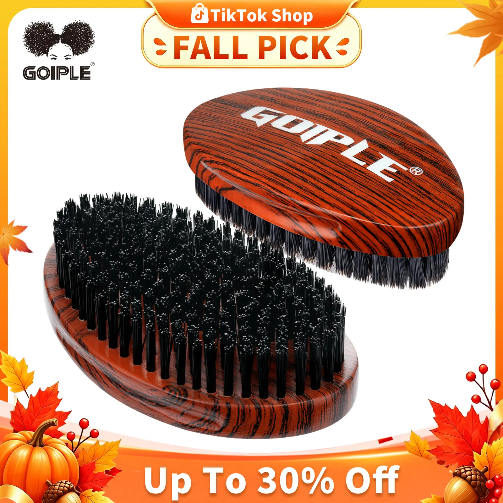 Goiple Curved Boar Bristle Wooden Hair Styling Brush - Compact, Anti-Tangle Barber Equipment for Adult Barber Life, with Wood Comb for 360 Waves & Daily Use,familyfun
